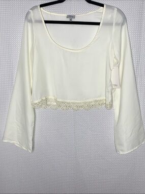 Tobi Ivory Lace-Hem Flare Long Sleeve lightweight Fairy Whimsical Semi sheer top
